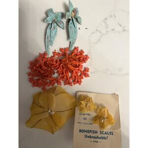 Vintage Lot Earrings Clip On 3 Pairs + Brooch Coral Shell Jewelry Resort